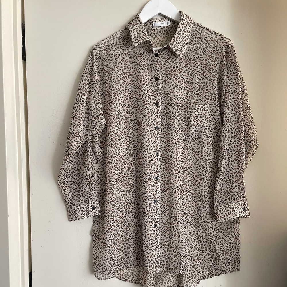 Mango Leopard Print Sheer Chiffon Button Down - image 1